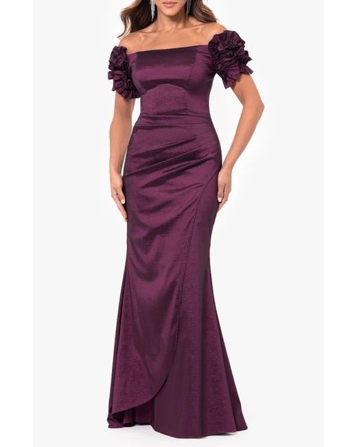 Xscape Evenings Purple Off The Shoulder Taffeta Sheath Gown