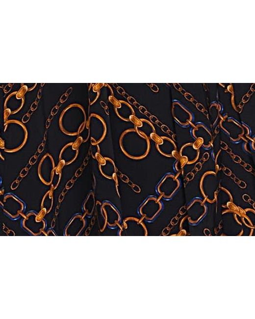 Tahari Black The Mila Chain Print Pleated Long Sleeve Stretch Silk Midi Dress