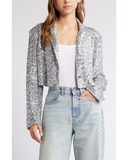 Open Edit Gray Sequin Crop Blazer