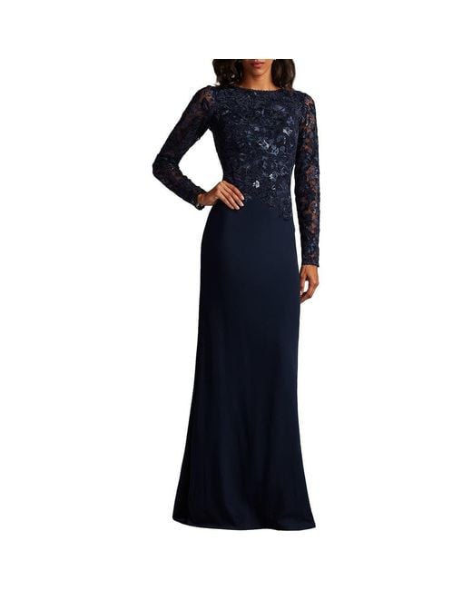 Tadashi Shoji Blue Embroidered Bodice Long Sleeve Gown