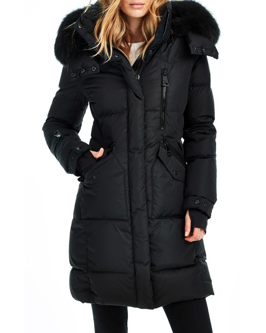 Sam. Black Longline Quilted Down Jacket With Removable Faux Fur Trim Hood