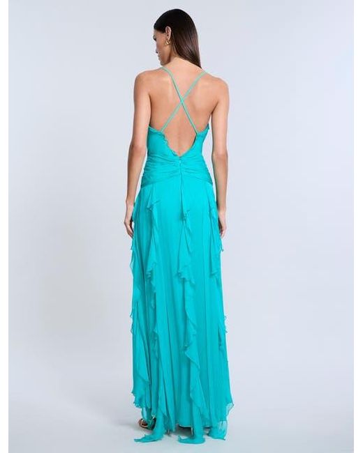 BCBGMAXAZRIA Blue Ruffle Halter Chiffon Gown