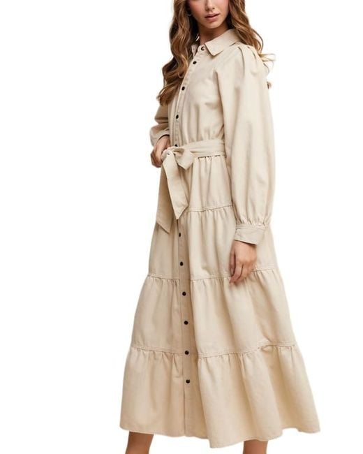Knit & Lounge Natural Tiered Belted Bishop Sleeve Maxi Shirt Dress