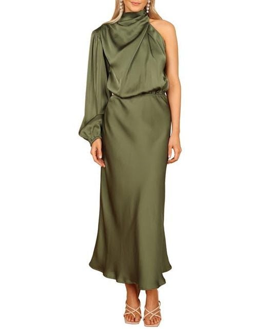 Petal & Pup Amelie Cutout Single Long Sleeve Satin Maxi Dress in Green |  Lyst