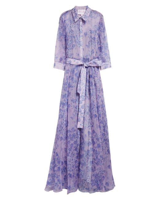 Carolina Herrera Purple Floral Print Button Front Belted Silk Gown