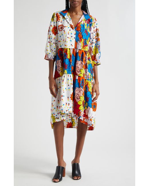 THE OULA COMPANY Multicolor Mixed Print Tiered High-low Shirtdress