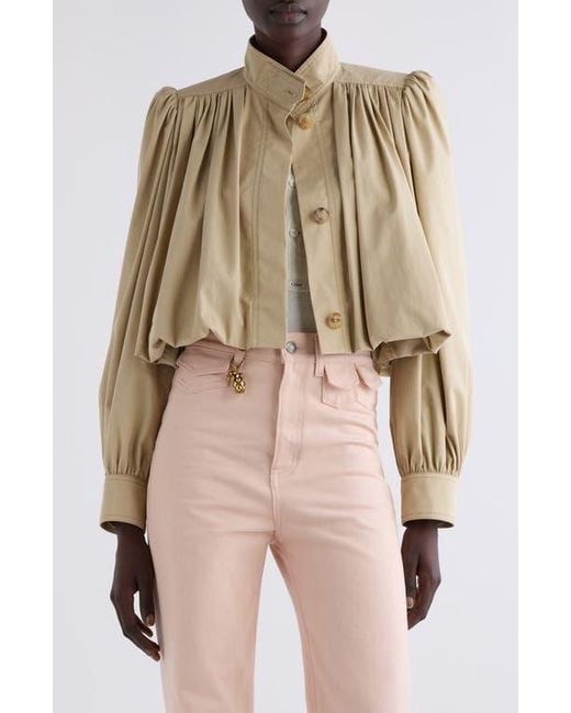 Chloé Natural Puff Sleeve Gathered Cotton Gabardine Crop Jacket