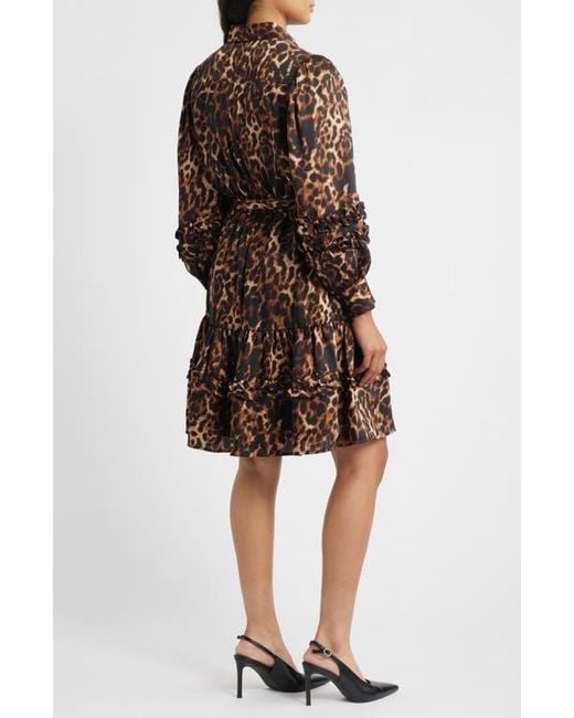 Anne Klein Brown Leopard Tie Waist Long Sleeve Shirtdress