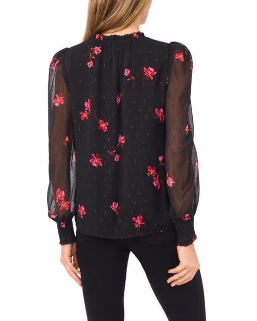 Cece Blue Floral Metallic Split Neck Top