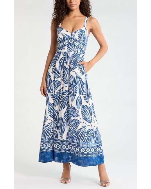Cece Blue Leaf Print Sundress