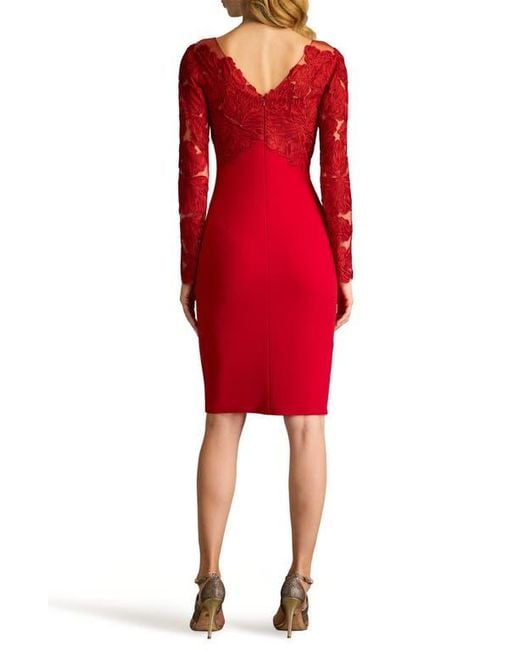 Tadashi Shoji Red Lace Bodice Long Sleeve Cocktail Sheath Dress