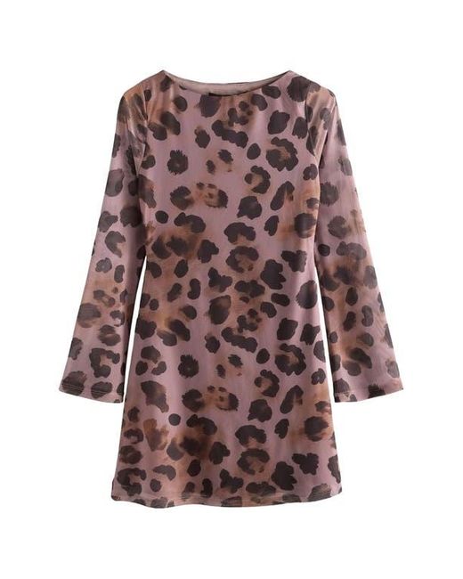 Next Red Animal Long Sleeve Mesh Minidress