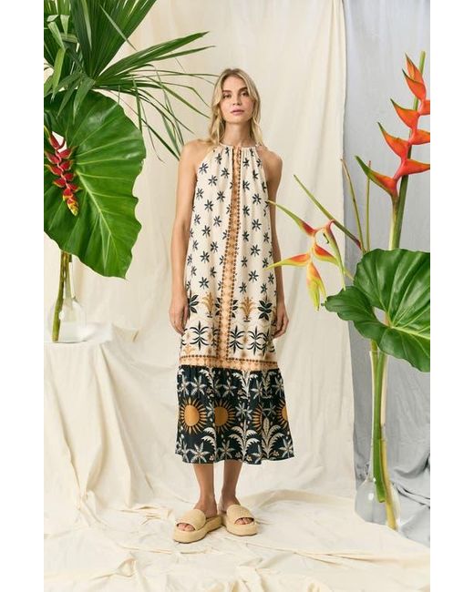 The Good Journey Metallic Caravan Palms Mixed Print Midi Dress