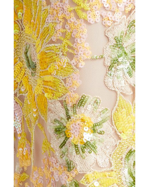 Lela Rose Metallic Sequin Embroidered Flutter Sleeve Column Gown