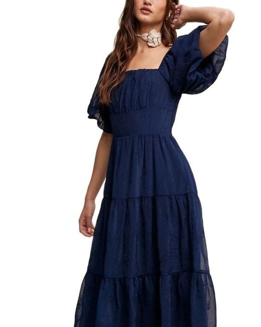 Knit & Lounge Blue Puff Sleeve Tiered Ruffle Lace Maxi Dress