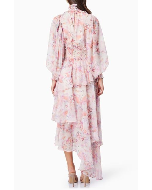 Elliatt Pink Astrid Floral Print Long Sleeve Asymmetric Chiffon Dress