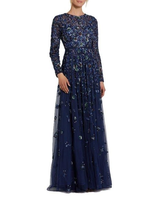 Mac Duggal Blue Floral Appliqué Long Sleeve Illusion Gown