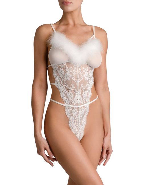In Bloom White Hope Strappy Feather Trim Lace Teddy