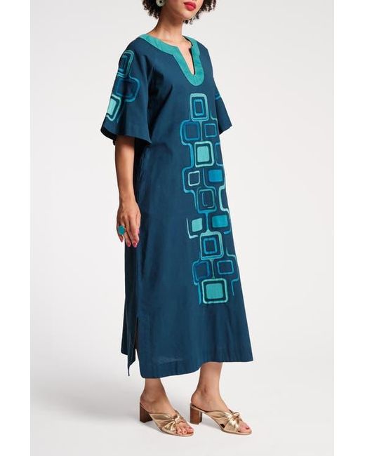 Frances Valentine Blue Charming Caftan Maxi Jetson Print Cotton Linen