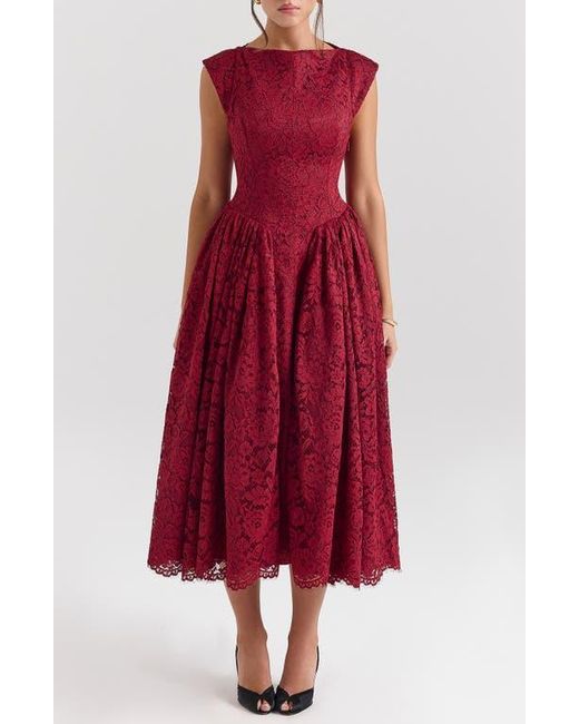 House Of Cb Women's Red Debutante Open Back Lace Midi Dress