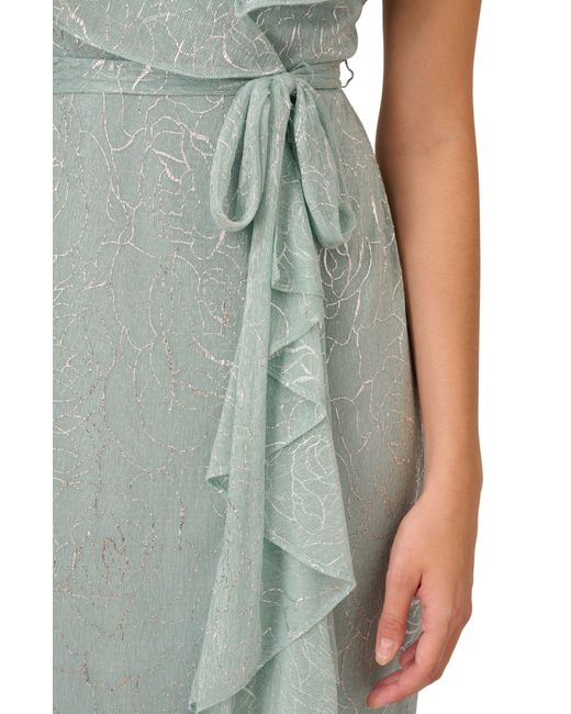 Adrianna Papell Green Metallic Flutter Sleeve Faux Wrap Dress