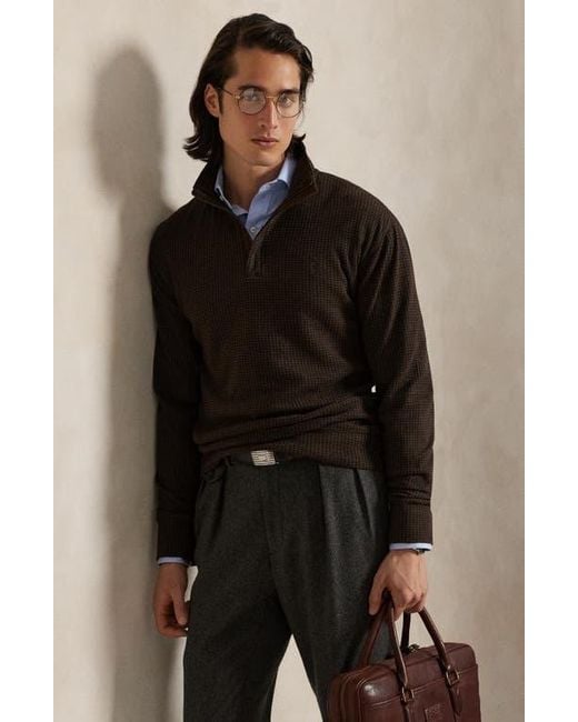 Polo Ralph Lauren Black Houndstooth Luxury Cotton Blend Quarter Zip Pullover for men