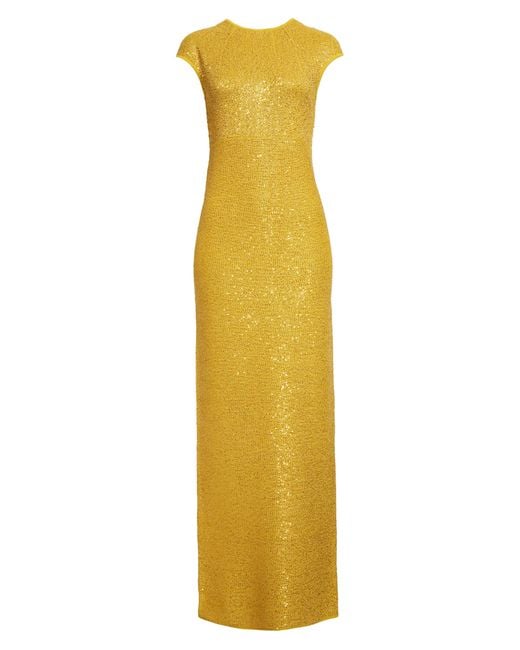 St. John Yellow Cap Sleeve Sequin Knit Gown
