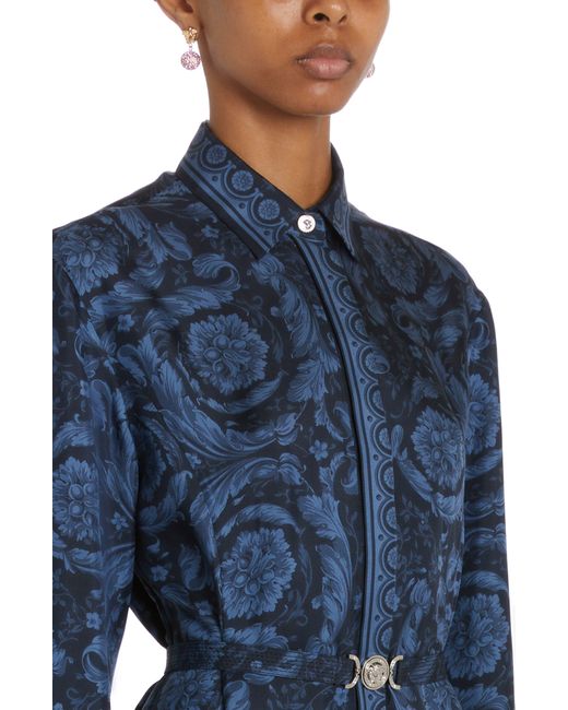 Versace Blue Barocco Print Medusa Belted Long Sleeve Silk Shirtdress