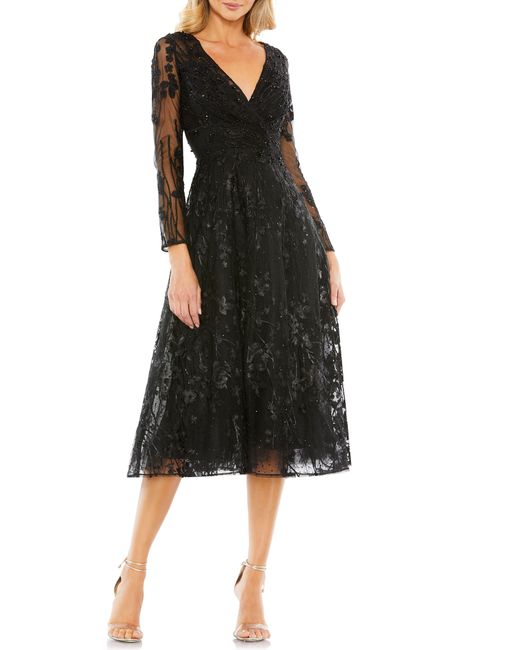 Mac Duggal Black Embellished Floral Lace Long Sleeve Fit & Flare Cocktail Dress