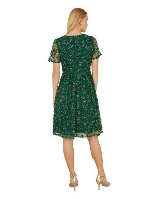 Yumi' Green Embroidered Floral Skater Dress