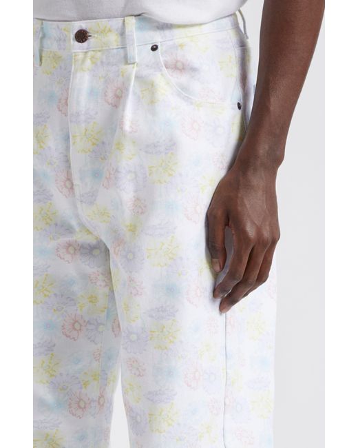 Noah NYC White Floral Print Pleated Straight Leg Jeans for men