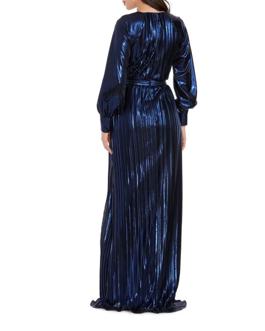 Dress the Population Blue Calista Metallic Jacquard Stripe Long Sleeve Gown