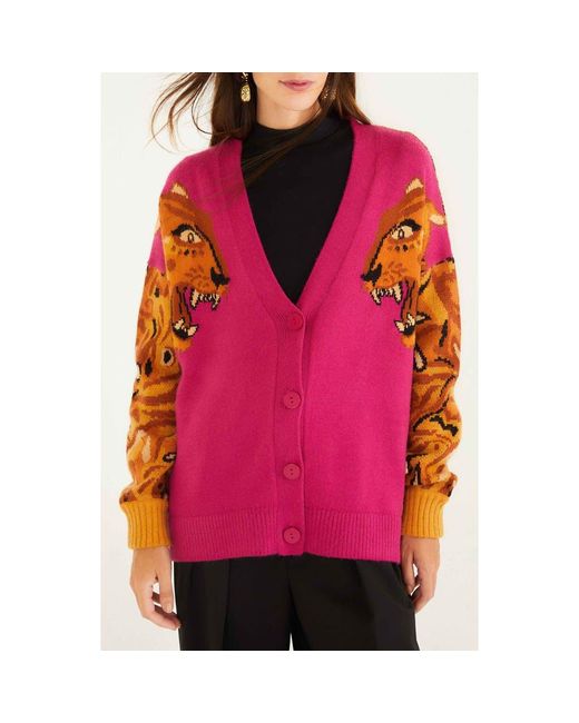 Farm Rio Pink Intarsia Tiger Colorblock Cardigan