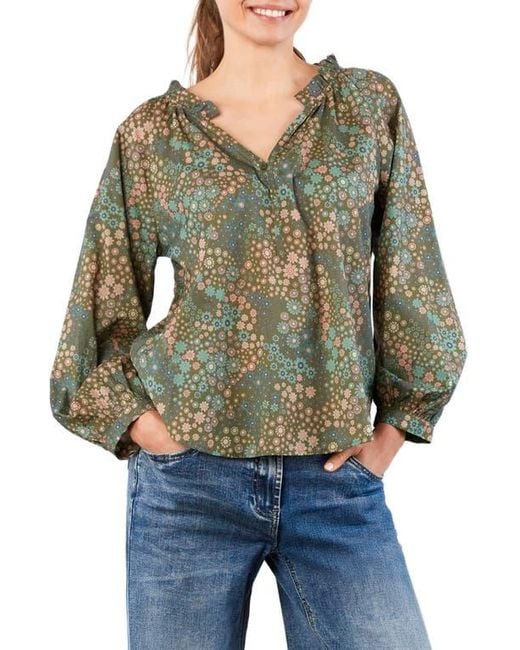 BILLY T Multicolor Split Neck Cotton Blend Peasant Top