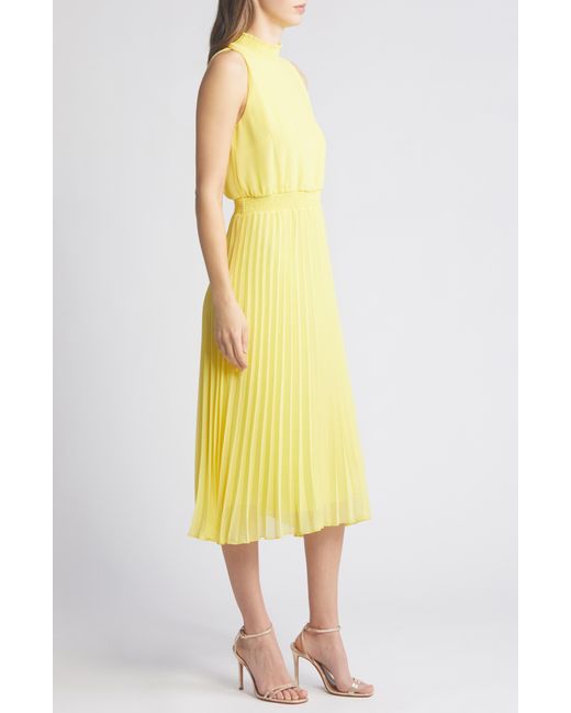 Sam Edelman Yellow Smocked Plissé Midi Dress