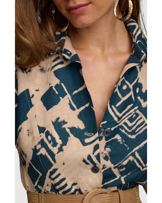 Donna Karan Multicolor Abstract Print Belted Midi Linen Blend Shirtdress