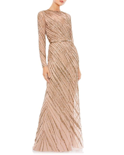 Mac Duggal Natural Beaded Long Sleeve Tulle Column Gown