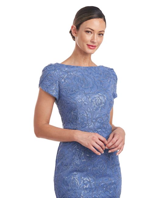 JS Collections Blue Brie Sequin Tulip Sleeve Mesh Cocktail Dress