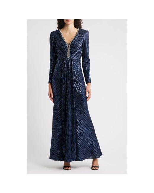 Eliza J Women's Blue Embellished Long Sleeve Mermaid Gown