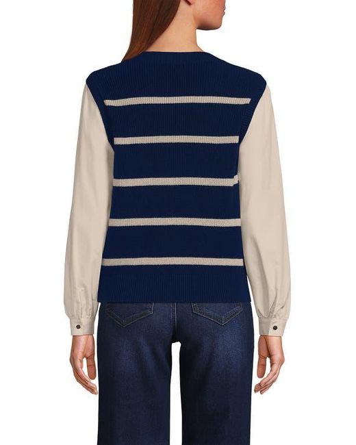 Lands' End Blue Drifter Shaker Button Shoulder Sweater Vest With Poplin Sleeves