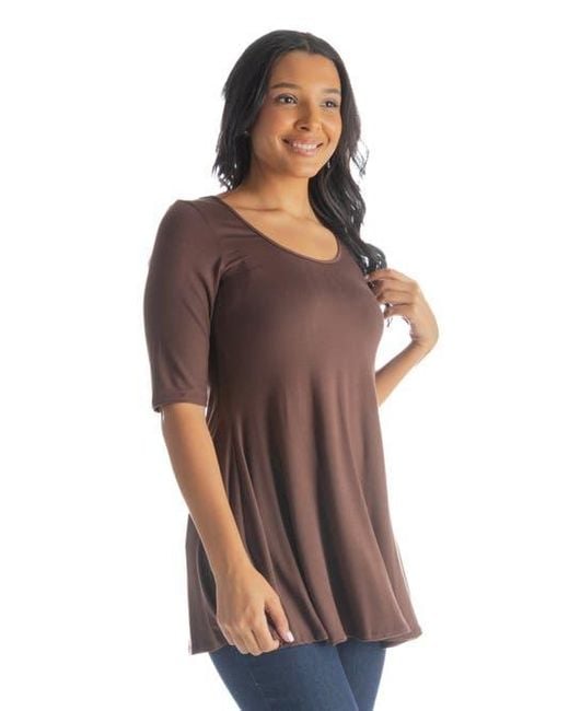 24seven Comfort Apparel Brown Elbow Sleeve Swing Tunic Top