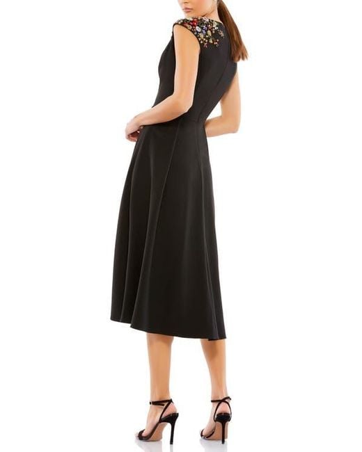 Mac Duggal Black Chic V Neck Floral Beaded Shoulder Midi Dress
