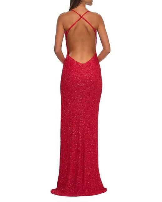 Floral Sequin Embroidered Open Back Dress in Red