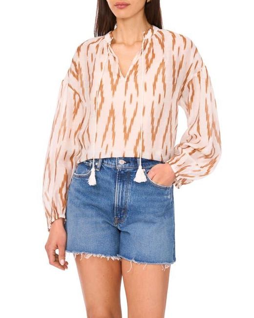 Vince Camuto Blue Ikat Print Split Neck Peasant Top