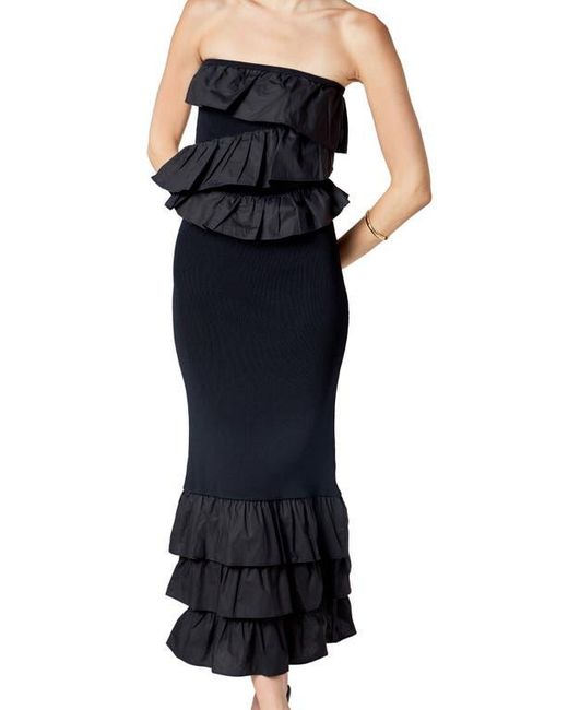 Endless Rose Black Ruffle Detail Mixed Media Strapless Dress