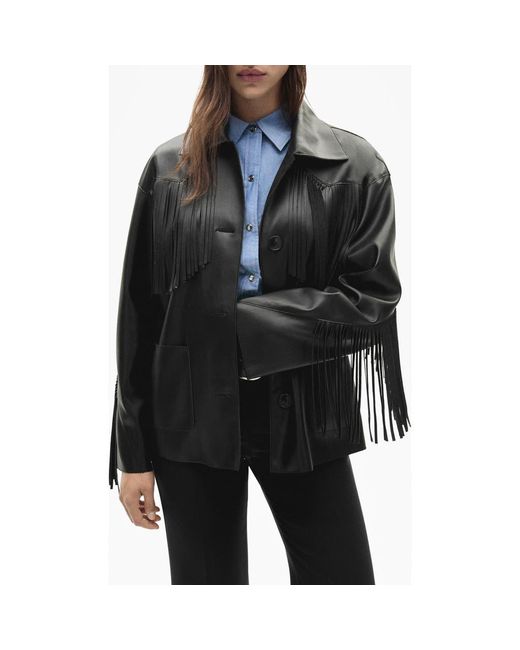 Mango Black Fringe Trim Faux Leather Jacket