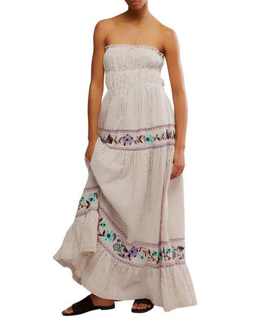 Free People Brown Kalani Stripe Embroidered Halter Neck Cotton Maxi Dress