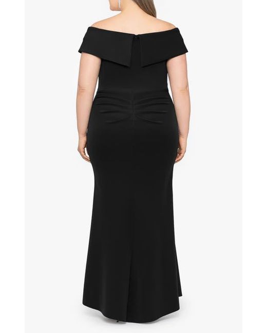 Xscape Evenings Black Off The Shoulder Ruffle Scuba Knit Gown