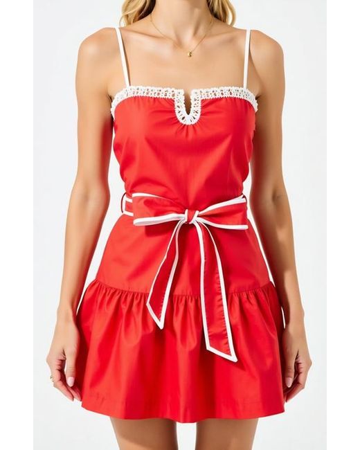 Modenaire Red Spaghetti-Strap Crochet-Trim Tie-Waist Mini Dress