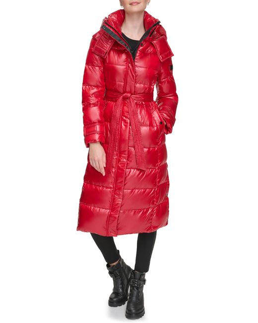 Karl Lagerfeld Red Contrast Belted Longline Puffer Jacket